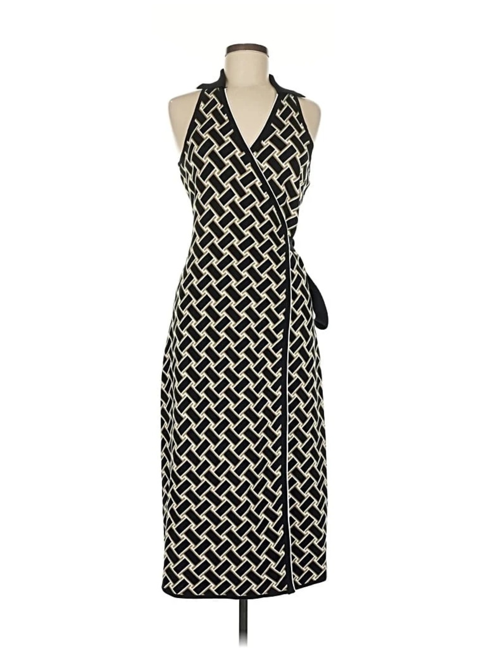 Diane Von Furstenberg Black & Cream Sleeveless Wrap Maxi Dress - Picture 2 of 9